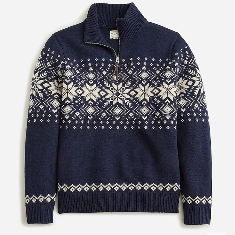 New J. Crew Lambswool Fair Isle half-zip sweater with bird's eye